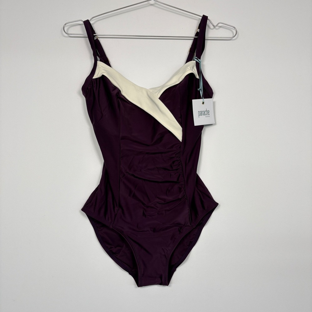 Panache Women Swimsuit 32F Aubergine Portofino One Piece SW0950 Wrap Front NWT